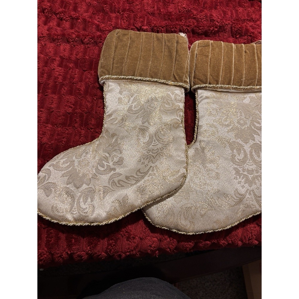 2 NWT Biltmore For The Home Christmas Stocking Gold Damask Brown Velvet Cuff 14"